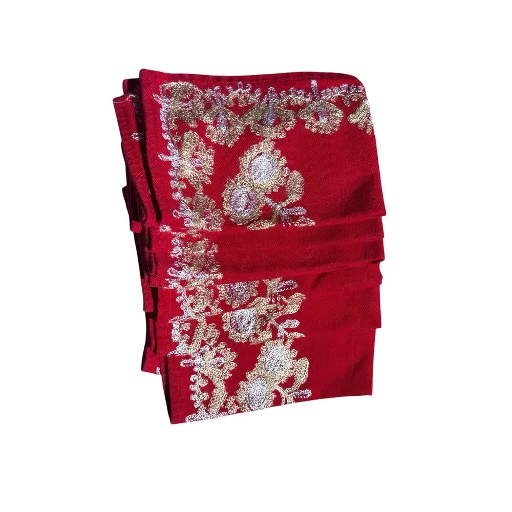 Set of 6 Red Vintage Napkins Heavily Embroidered Boho Elwgant Festive Romantic